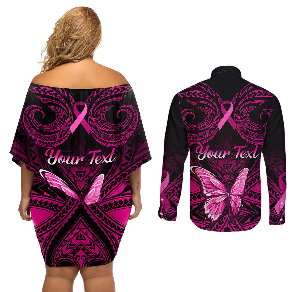 personalised-pink-out-couples-matching-off-shoulder-short-dress-and-long-sleeve-button-shirts-breast-cancer-awareness-polynesian-pattern-black-version