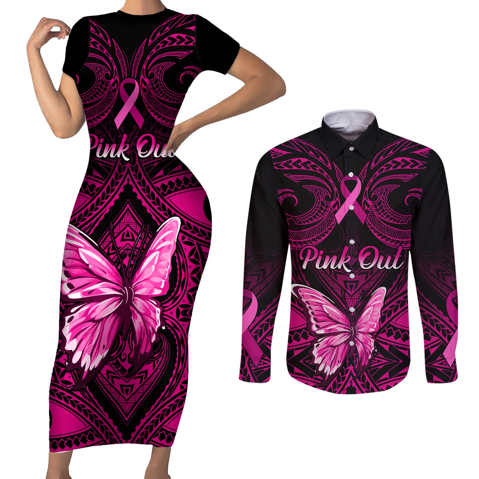 personalised-pink-out-couples-matching-short-sleeve-bodycon-dress-and-long-sleeve-button-shirts-breast-cancer-awareness-polynesian-pattern-black-version