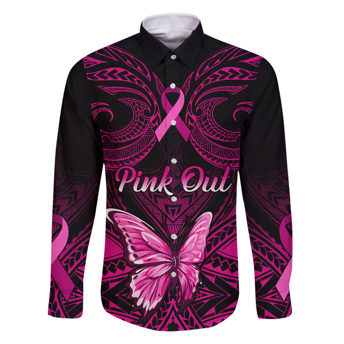 personalised-pink-out-family-matching-off-shoulder-short-dress-and-hawaiian-shirt-breast-cancer-awareness-polynesian-pattern-black-version