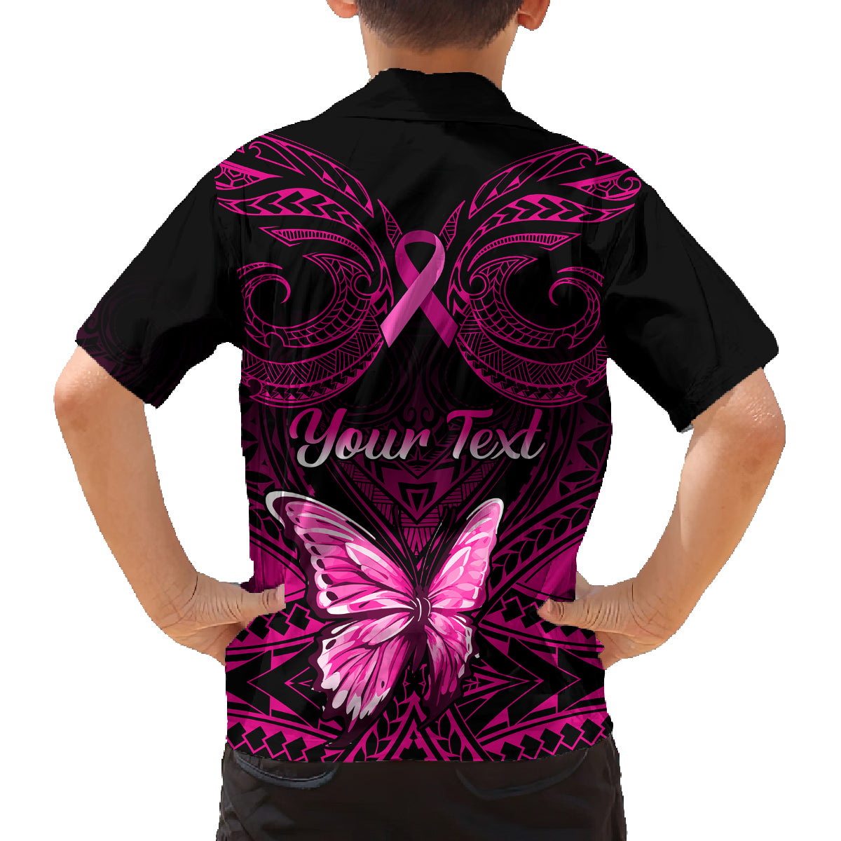 personalised-pink-out-family-matching-summer-maxi-dress-and-hawaiian-shirt-breast-cancer-awareness-polynesian-pattern-black-version
