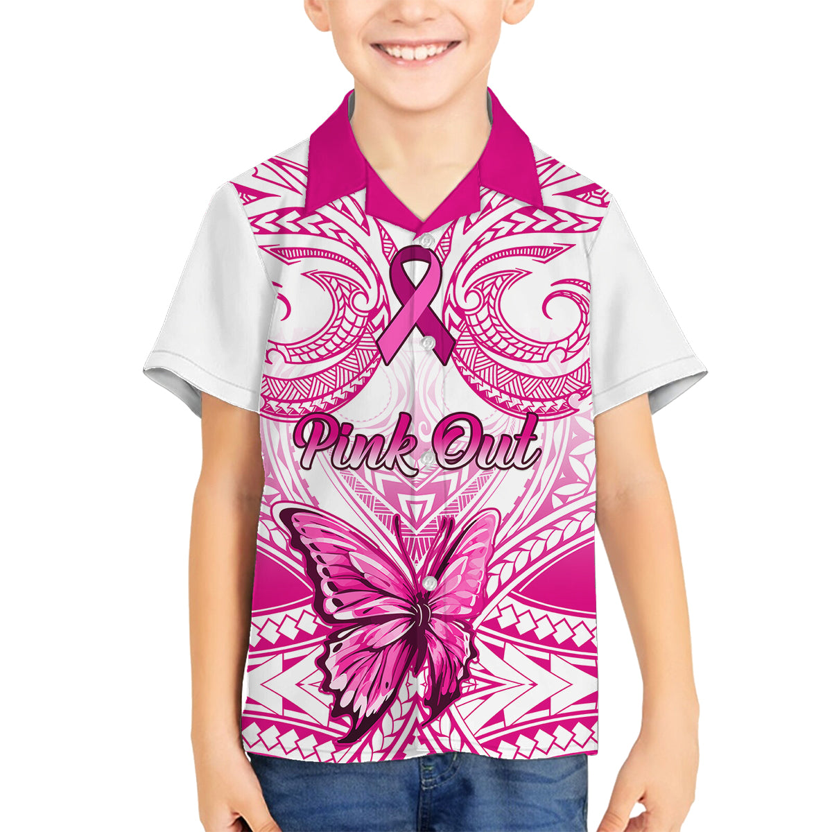 Personalised Pink Out Family Matching Puletasi Dress and Hawaiian Shirt Breast Cancer Awareness Polynesian Pattern White Version LT01 Son's Shirt White - Polynesian Pride