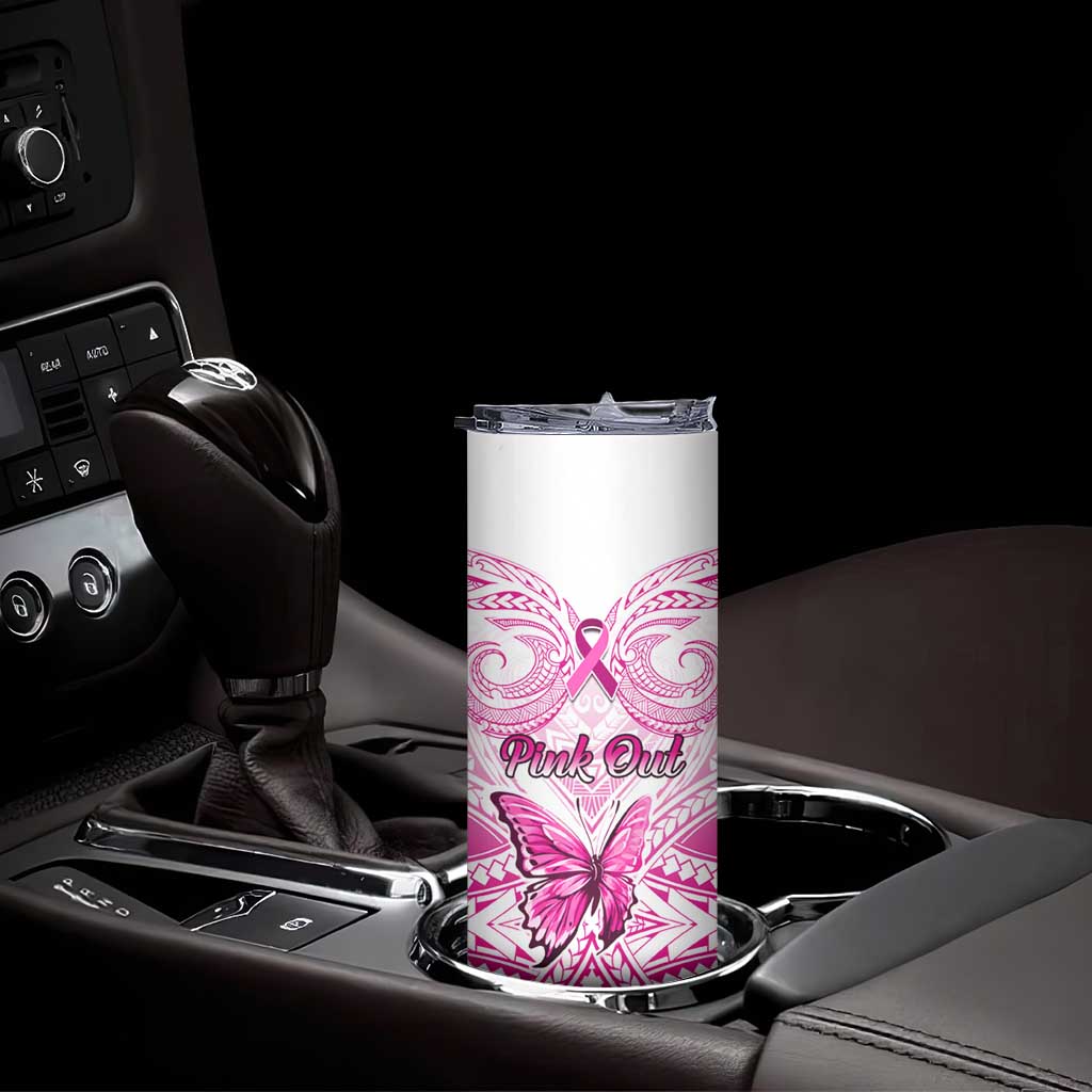 Personalised Pink Out Skinny Tumbler Breast Cancer Awareness Polynesian Pattern White Version