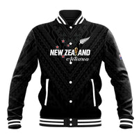 Custom Football New Zealand Baseball Jacket Aotearoa United Black Version LT01 Unisex Black - Polynesian Pride