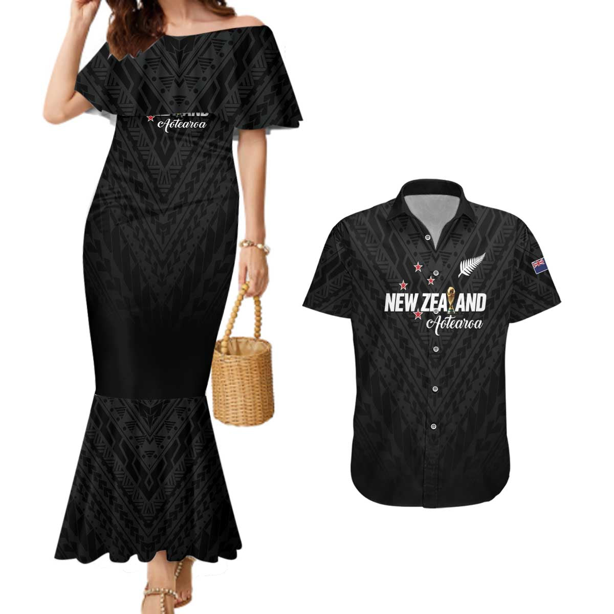 Custom Football New Zealand Couples Matching Mermaid Dress and Hawaiian Shirt Aotearoa United Black Version LT01 Black - Polynesian Pride