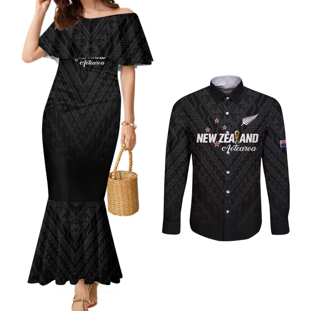 Custom Football New Zealand Couples Matching Mermaid Dress and Long Sleeve Button Shirt Aotearoa United Black Version - Polynesian Pride