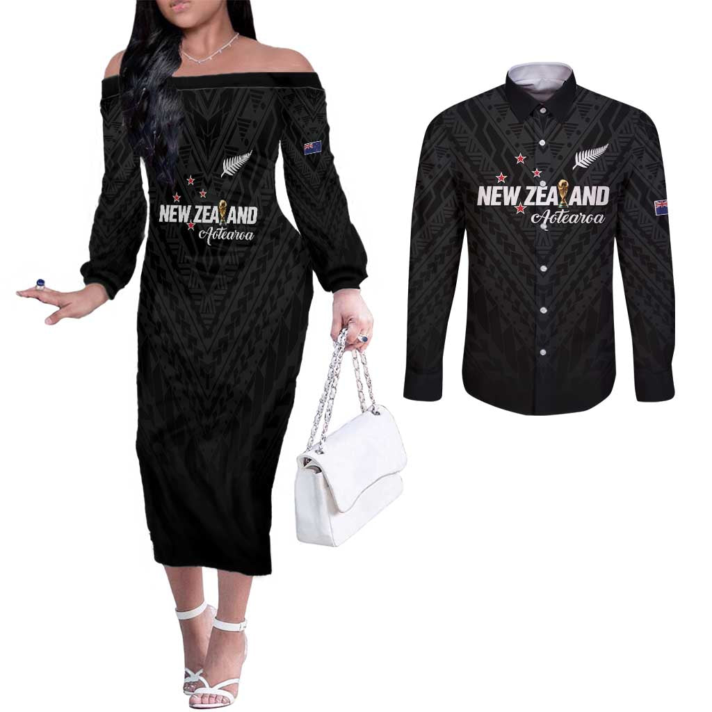Custom Football New Zealand Couples Matching Off The Shoulder Long Sleeve Dress and Long Sleeve Button Shirt Aotearoa United Black Version - Polynesian Pride