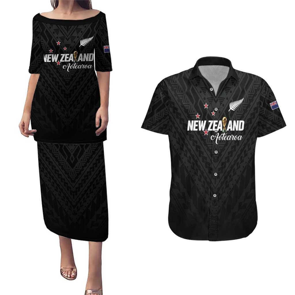 Custom Football New Zealand Couples Matching Puletasi and Hawaiian Shirt Aotearoa United Black Version - Polynesian Pride