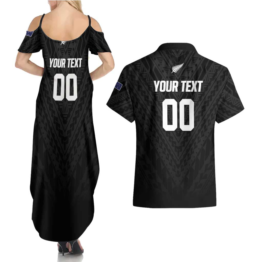 Custom Football New Zealand Couples Matching Summer Maxi Dress and Hawaiian Shirt Aotearoa United Black Version - Polynesian Pride