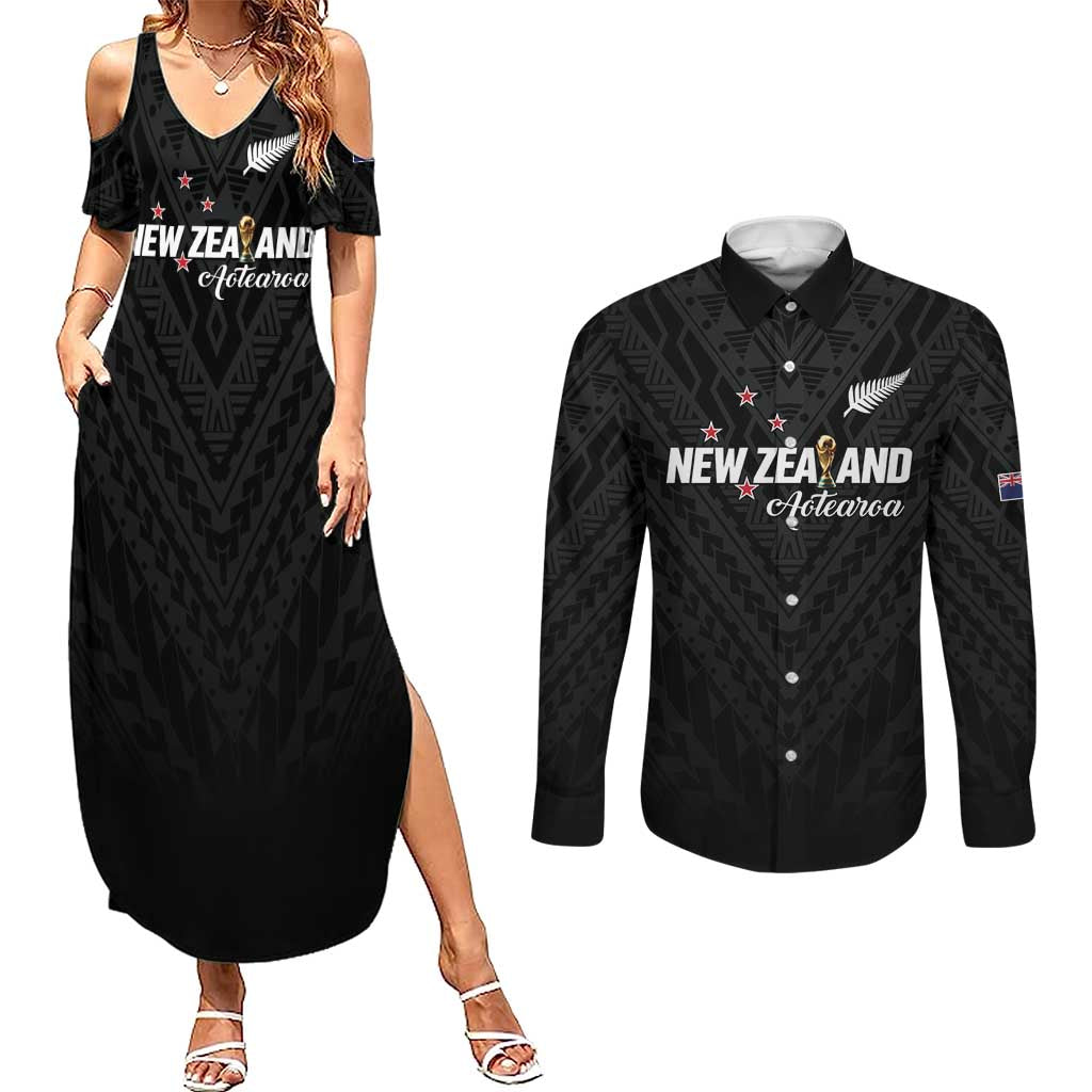 Custom Football New Zealand Couples Matching Summer Maxi Dress and Long Sleeve Button Shirt Aotearoa United Black Version - Polynesian Pride