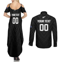 Custom Football New Zealand Couples Matching Summer Maxi Dress and Long Sleeve Button Shirt Aotearoa United Black Version - Polynesian Pride