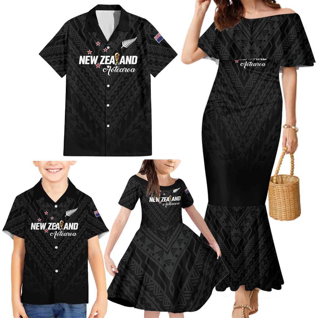 Custom Football New Zealand Family Matching Mermaid Dress and Hawaiian Shirt Aotearoa United Black Version - Polynesian Pride
