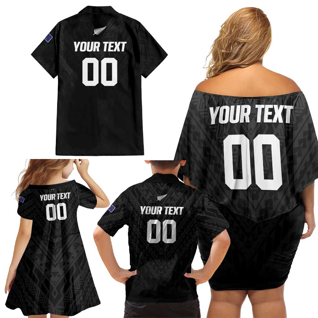 Custom Football New Zealand Family Matching Off Shoulder Short Dress and Hawaiian Shirt Aotearoa United Black Version - Polynesian Pride