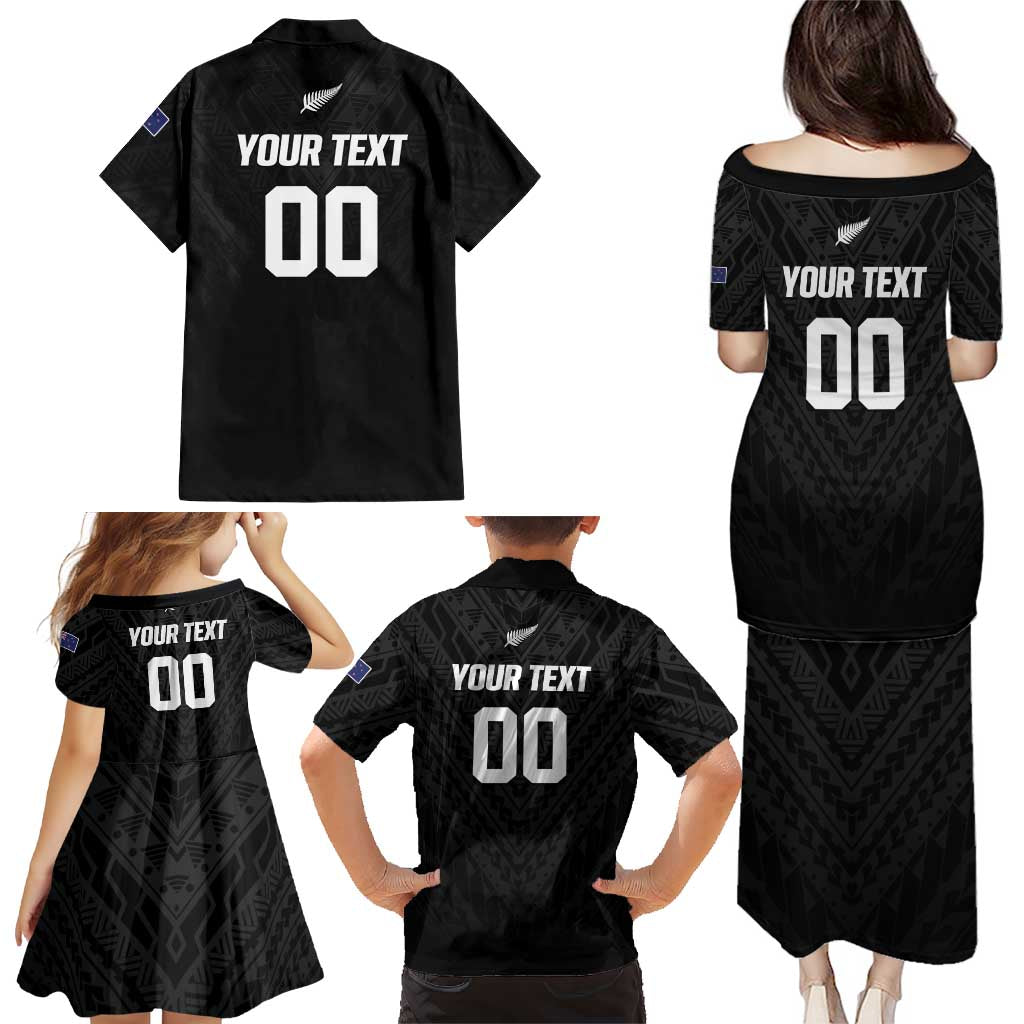 Custom Football New Zealand Family Matching Puletasi and Hawaiian Shirt Aotearoa United Black Version - Polynesian Pride