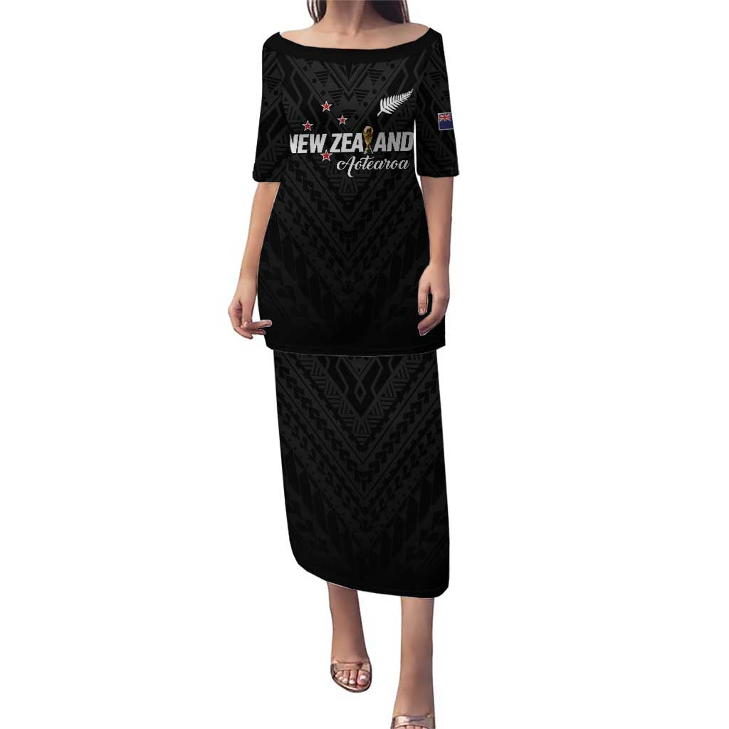 Custom Football New Zealand Family Matching Puletasi and Hawaiian Shirt Aotearoa United Black Version - Polynesian Pride