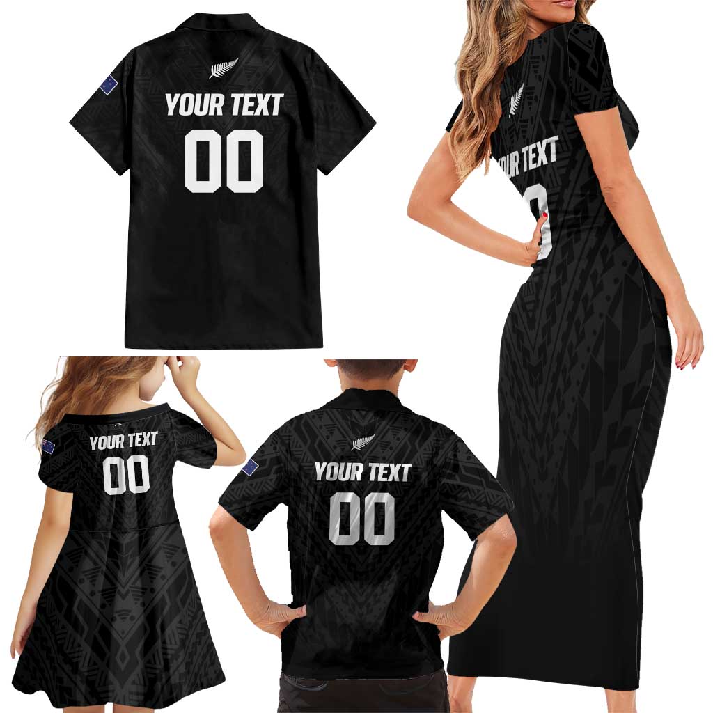 Custom Football New Zealand Family Matching Short Sleeve Bodycon Dress and Hawaiian Shirt Aotearoa United Black Version - Polynesian Pride