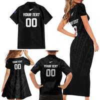 Custom Football New Zealand Family Matching Short Sleeve Bodycon Dress and Hawaiian Shirt Aotearoa United Black Version - Polynesian Pride