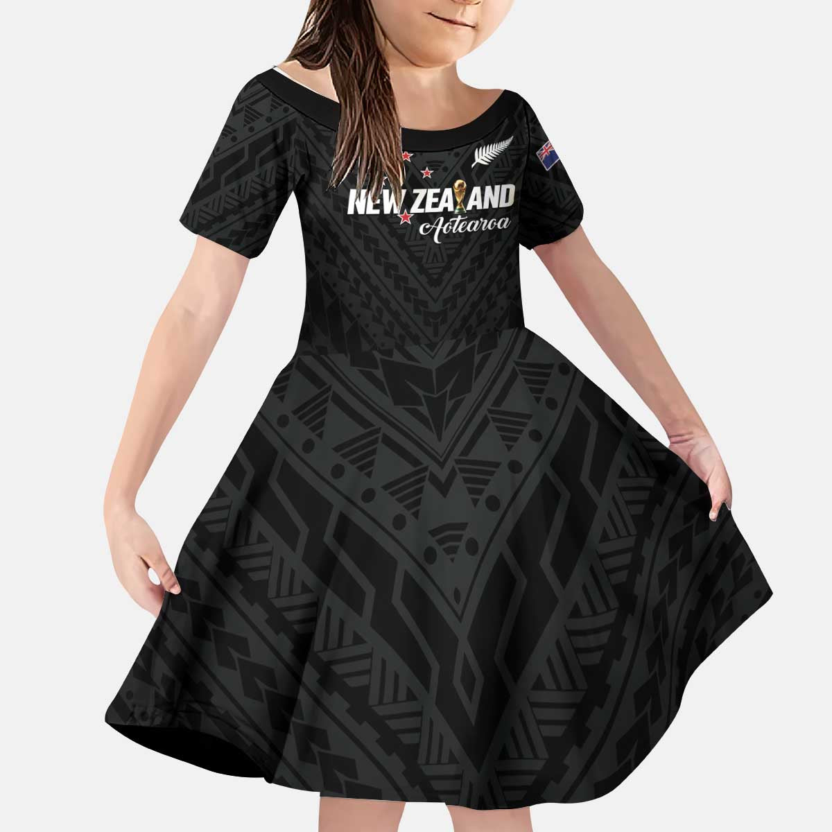 Custom Football New Zealand Kid Short Sleeve Dress Aotearoa United Black Version LT01 KID Black - Polynesian Pride