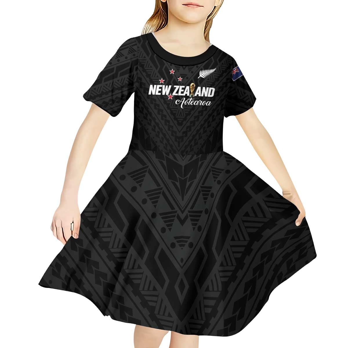 Custom Football New Zealand Kid Short Sleeve Dress Aotearoa United Black Version LT01 - Polynesian Pride