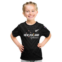 Custom Football New Zealand Kid T Shirt Aotearoa United Black Version LT01 Black - Polynesian Pride