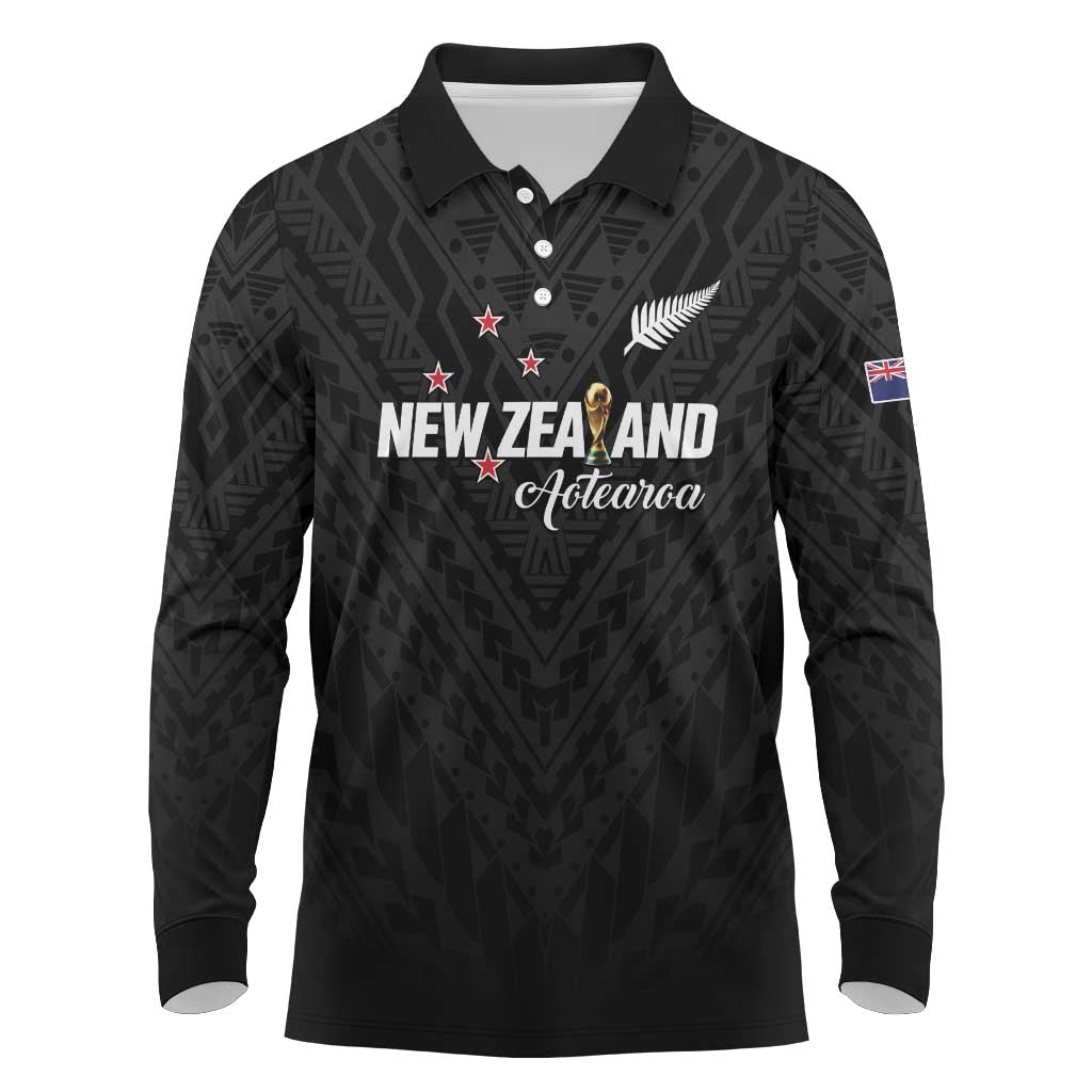 Custom Football New Zealand Long Sleeve Polo Shirt Aotearoa United Black Version LT01 Black - Polynesian Pride