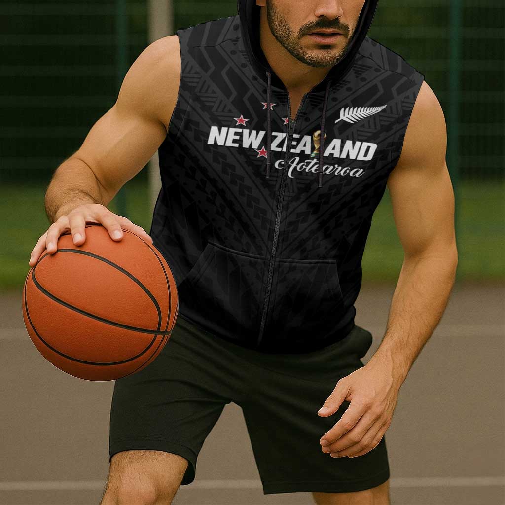 Custom Football New Zealand Sleeveless Zip Hoodie Aotearoa United Black Version LT01 - Polynesian Pride