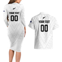 Custom Football New Zealand Couples Matching Long Sleeve Bodycon Dress and Hawaiian Shirt Aotearoa United White Version - Polynesian Pride