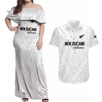 Custom Football New Zealand Couples Matching Off Shoulder Maxi Dress and Hawaiian Shirt Aotearoa United White Version - Polynesian Pride