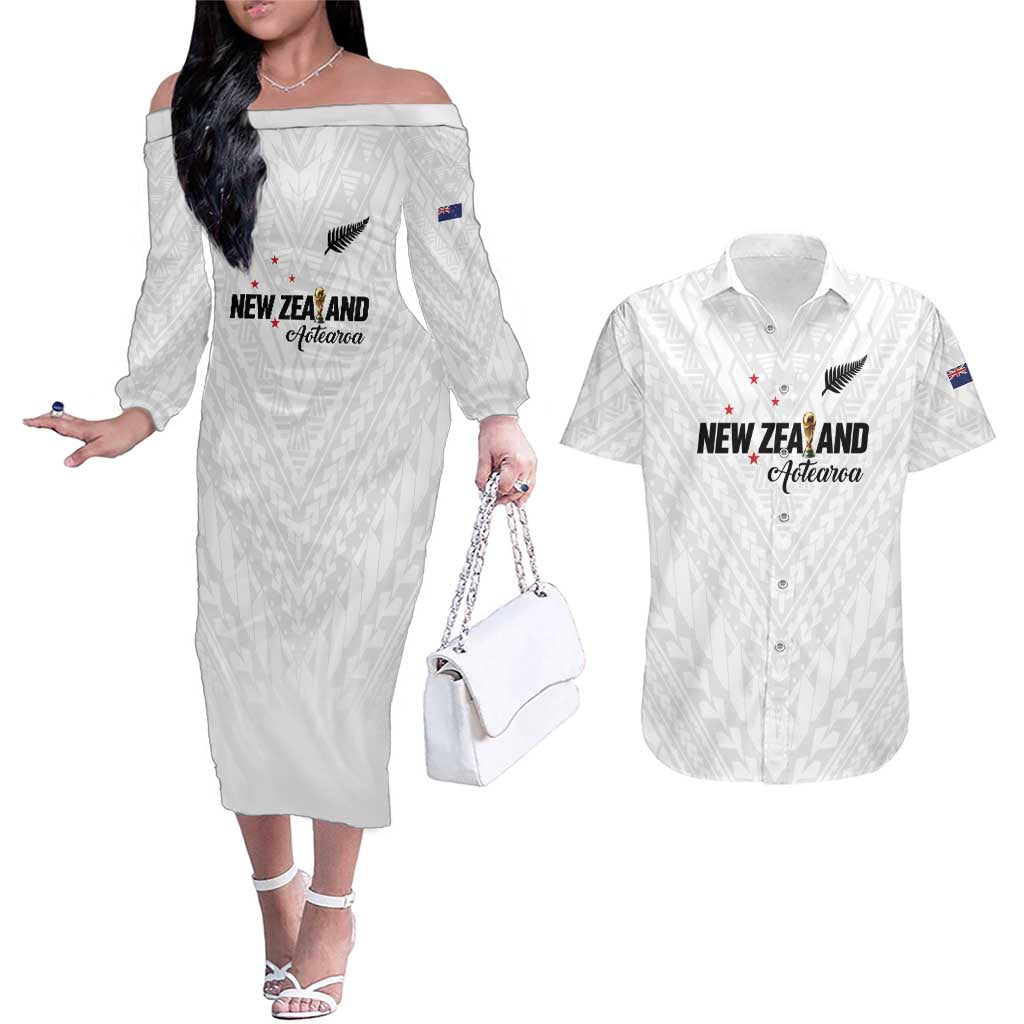 Custom Football New Zealand Couples Matching Off The Shoulder Long Sleeve Dress and Hawaiian Shirt Aotearoa United White Version - Polynesian Pride