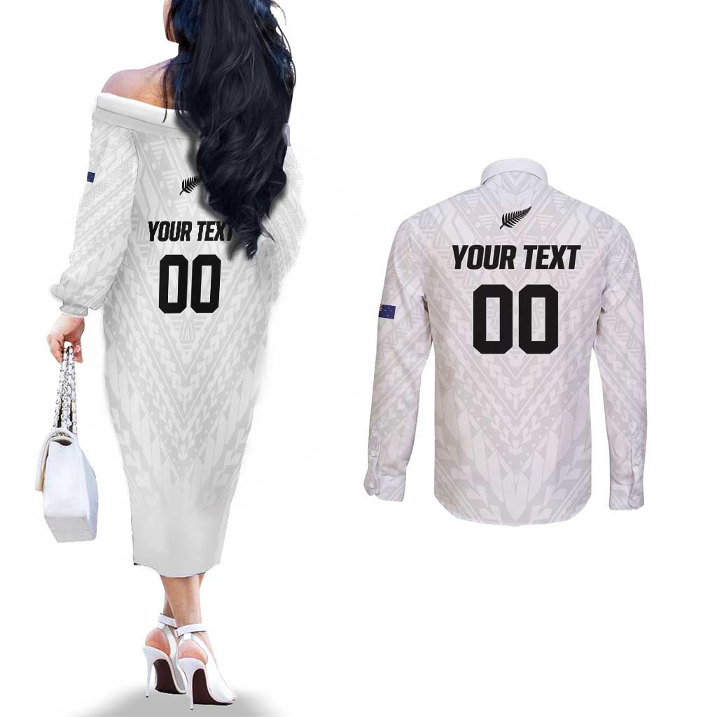 Custom Football New Zealand Couples Matching Off The Shoulder Long Sleeve Dress and Long Sleeve Button Shirt Aotearoa United White Version - Polynesian Pride
