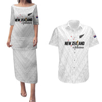 Custom Football New Zealand Couples Matching Puletasi and Hawaiian Shirt Aotearoa United White Version - Polynesian Pride