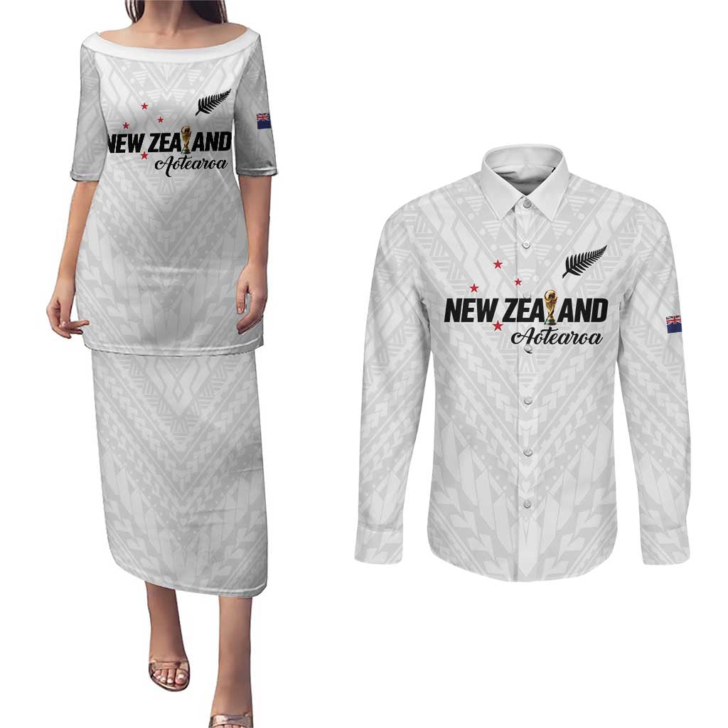Custom Football New Zealand Couples Matching Puletasi and Long Sleeve Button Shirt Aotearoa United White Version - Polynesian Pride