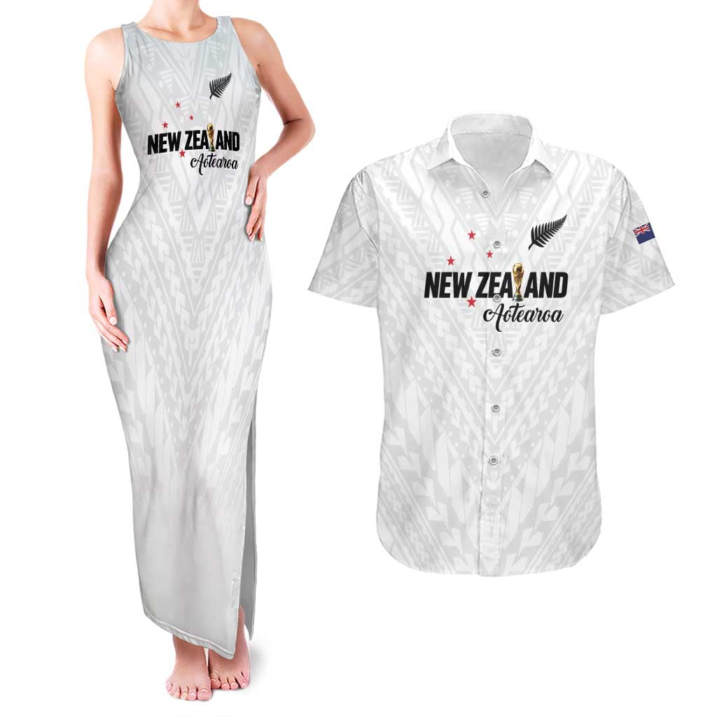 Custom Football New Zealand Couples Matching Tank Maxi Dress and Hawaiian Shirt Aotearoa United White Version - Polynesian Pride