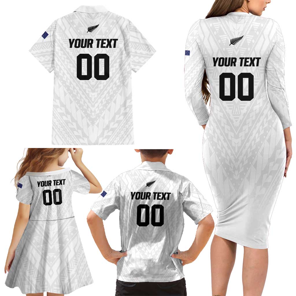 Custom Football New Zealand Family Matching Long Sleeve Bodycon Dress and Hawaiian Shirt Aotearoa United White Version - Polynesian Pride