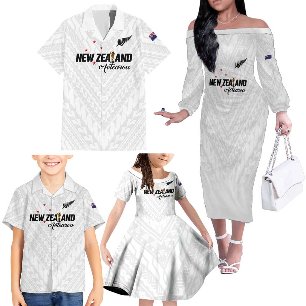 Custom Football New Zealand Family Matching Off The Shoulder Long Sleeve Dress and Hawaiian Shirt Aotearoa United White Version - Polynesian Pride