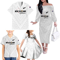Custom Football New Zealand Family Matching Off The Shoulder Long Sleeve Dress and Hawaiian Shirt Aotearoa United White Version - Polynesian Pride