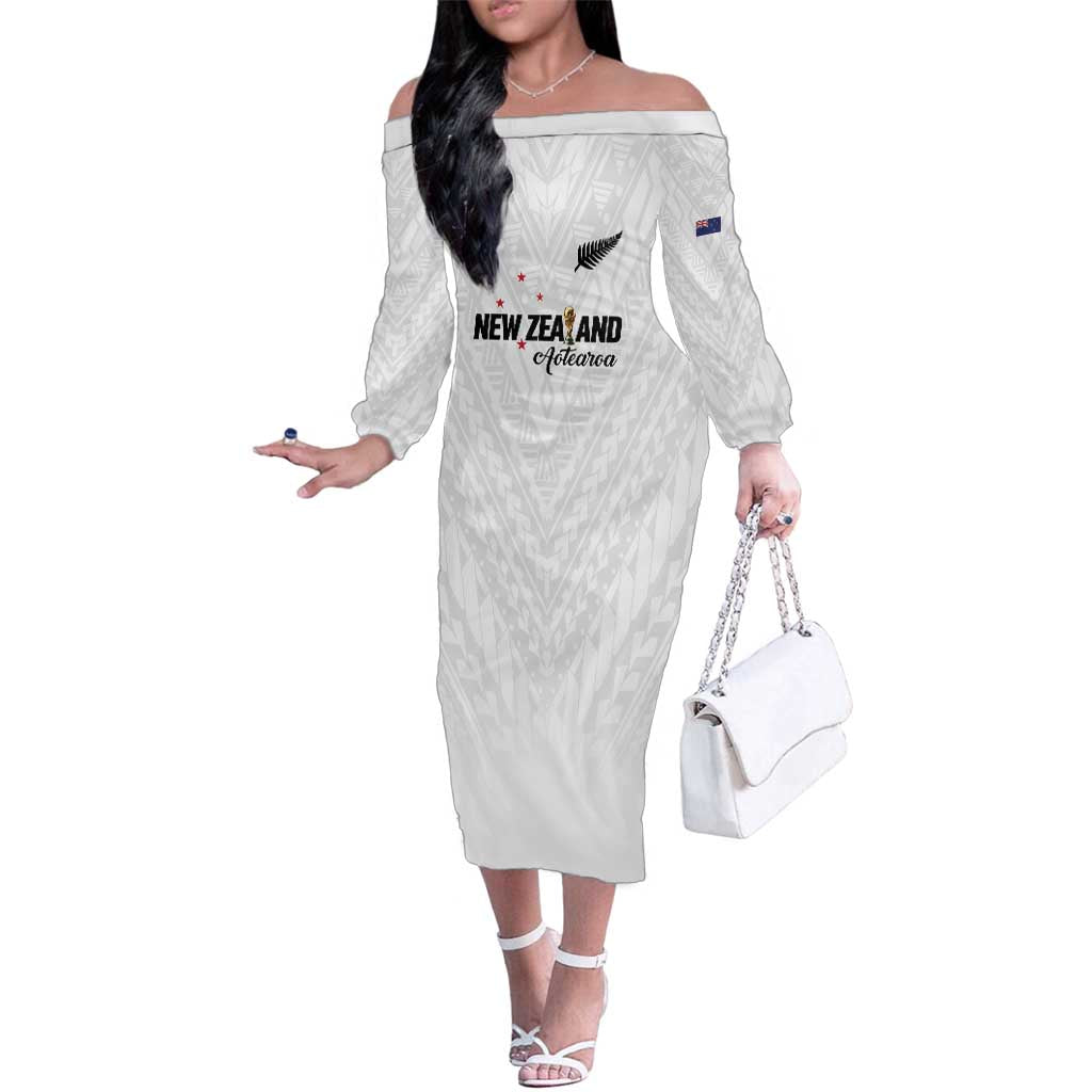 Custom Football New Zealand Family Matching Off The Shoulder Long Sleeve Dress and Hawaiian Shirt Aotearoa United White Version - Polynesian Pride