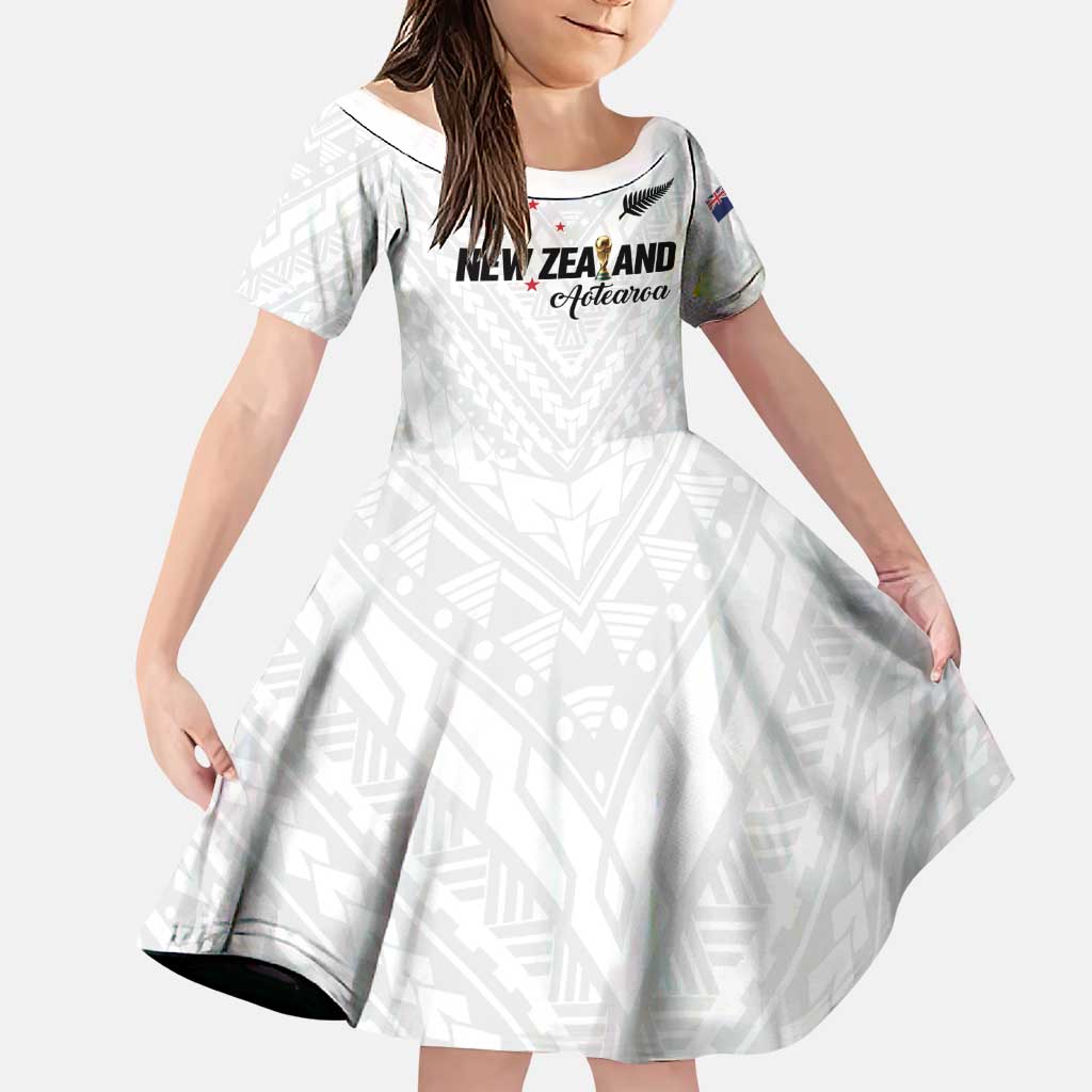 Custom Football New Zealand Family Matching Short Sleeve Bodycon Dress and Hawaiian Shirt Aotearoa United White Version LT01 Daughter's Dress White - Polynesian Pride