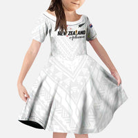 Custom Football New Zealand Family Matching Short Sleeve Bodycon Dress and Hawaiian Shirt Aotearoa United White Version LT01 Daughter's Dress White - Polynesian Pride
