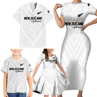 Custom Football New Zealand Family Matching Short Sleeve Bodycon Dress and Hawaiian Shirt Aotearoa United White Version LT01 - Polynesian Pride