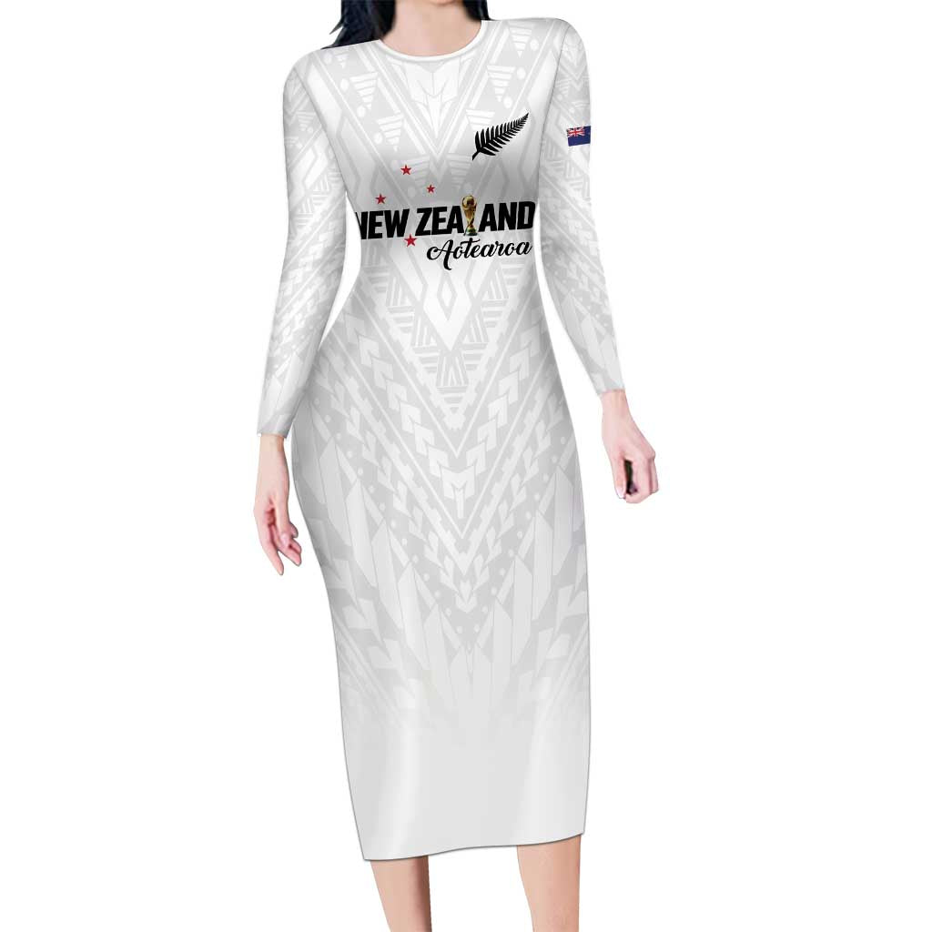 Custom Football New Zealand Long Sleeve Bodycon Dress Aotearoa United White Version LT01 Long Dress White - Polynesian Pride