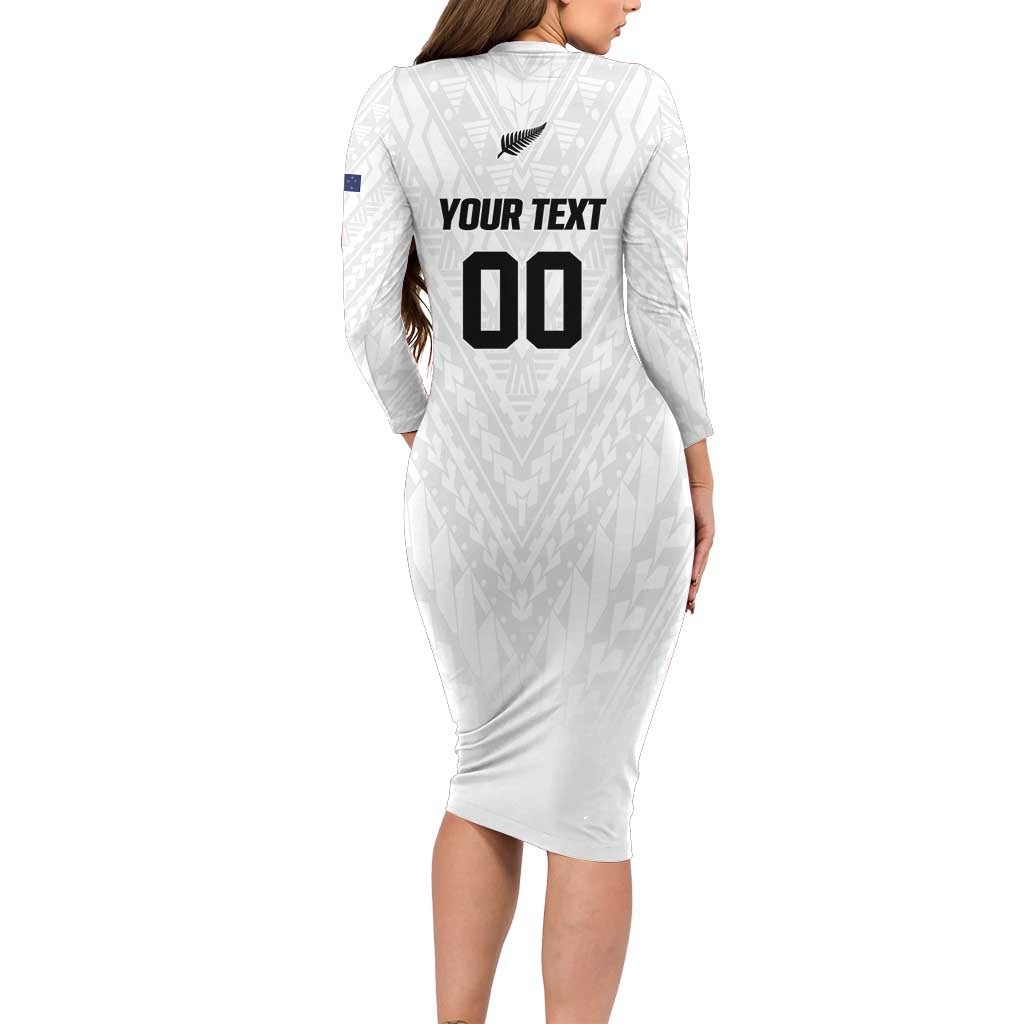 Custom Football New Zealand Long Sleeve Bodycon Dress Aotearoa United White Version LT01 - Polynesian Pride