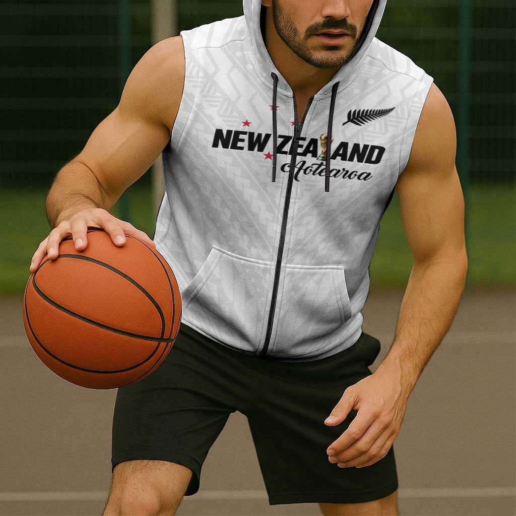 Custom Football New Zealand Sleeveless Zip Hoodie Aotearoa United White Version LT01 - Polynesian Pride