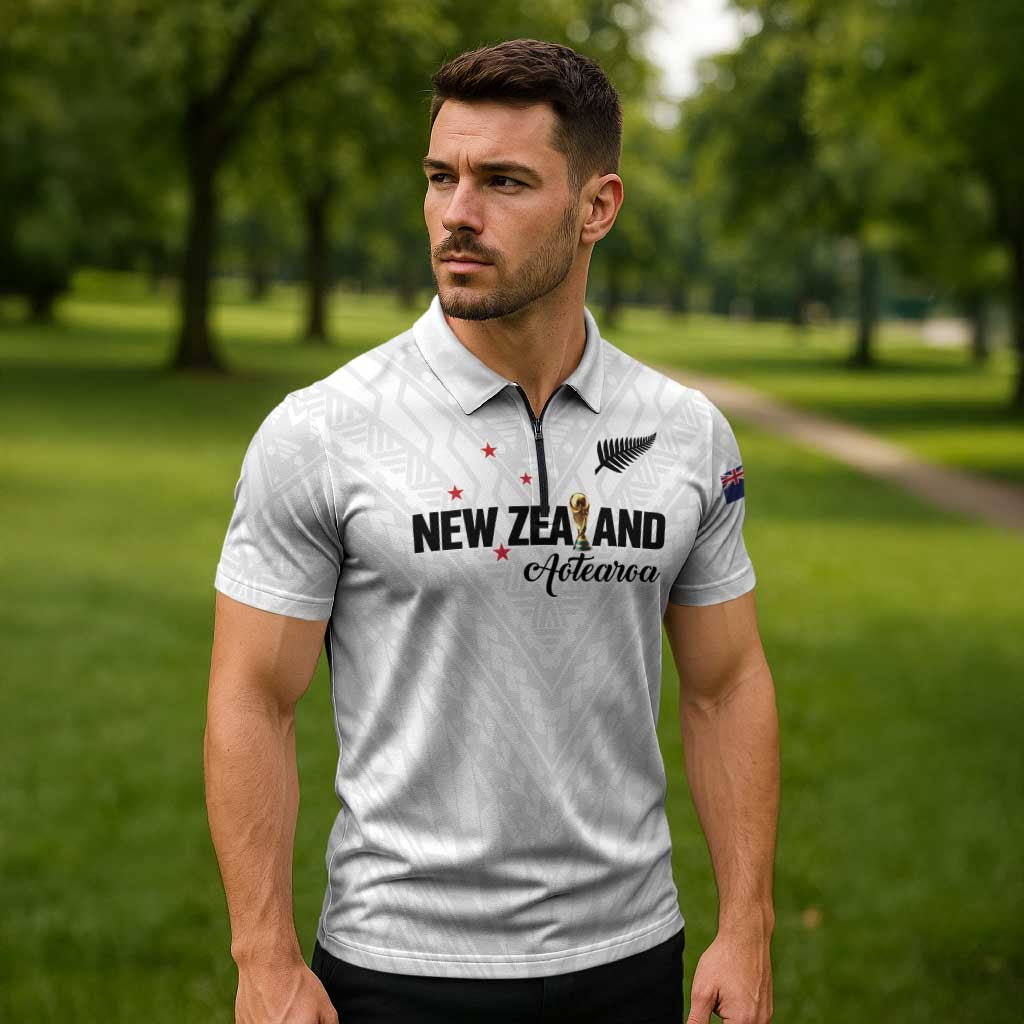 Custom Football New Zealand Zipper Polo Shirt Aotearoa United White Version LT01 - Polynesian Pride