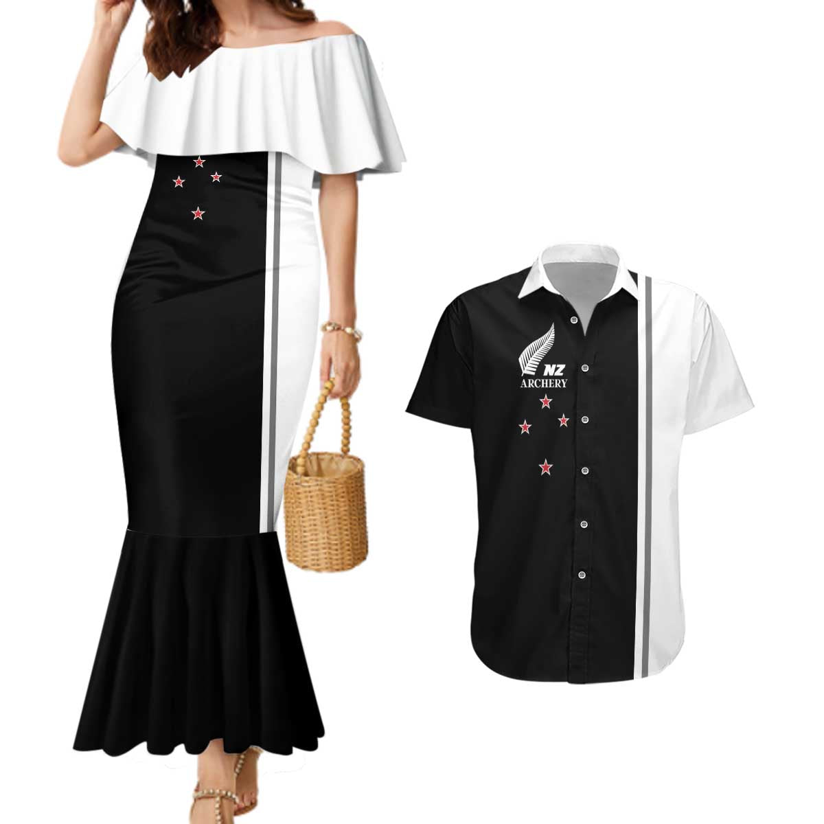 Personalised New Zealand 2025 Archery Basic Couples Matching Mermaid Dress and Hawaiian Shirt Archery NZ