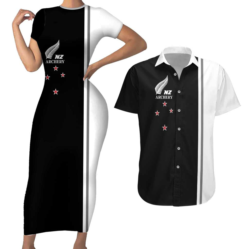 Personalised New Zealand 2025 Archery Basic Couples Matching Short Sleeve Bodycon Dress and Hawaiian Shirt Archery NZ