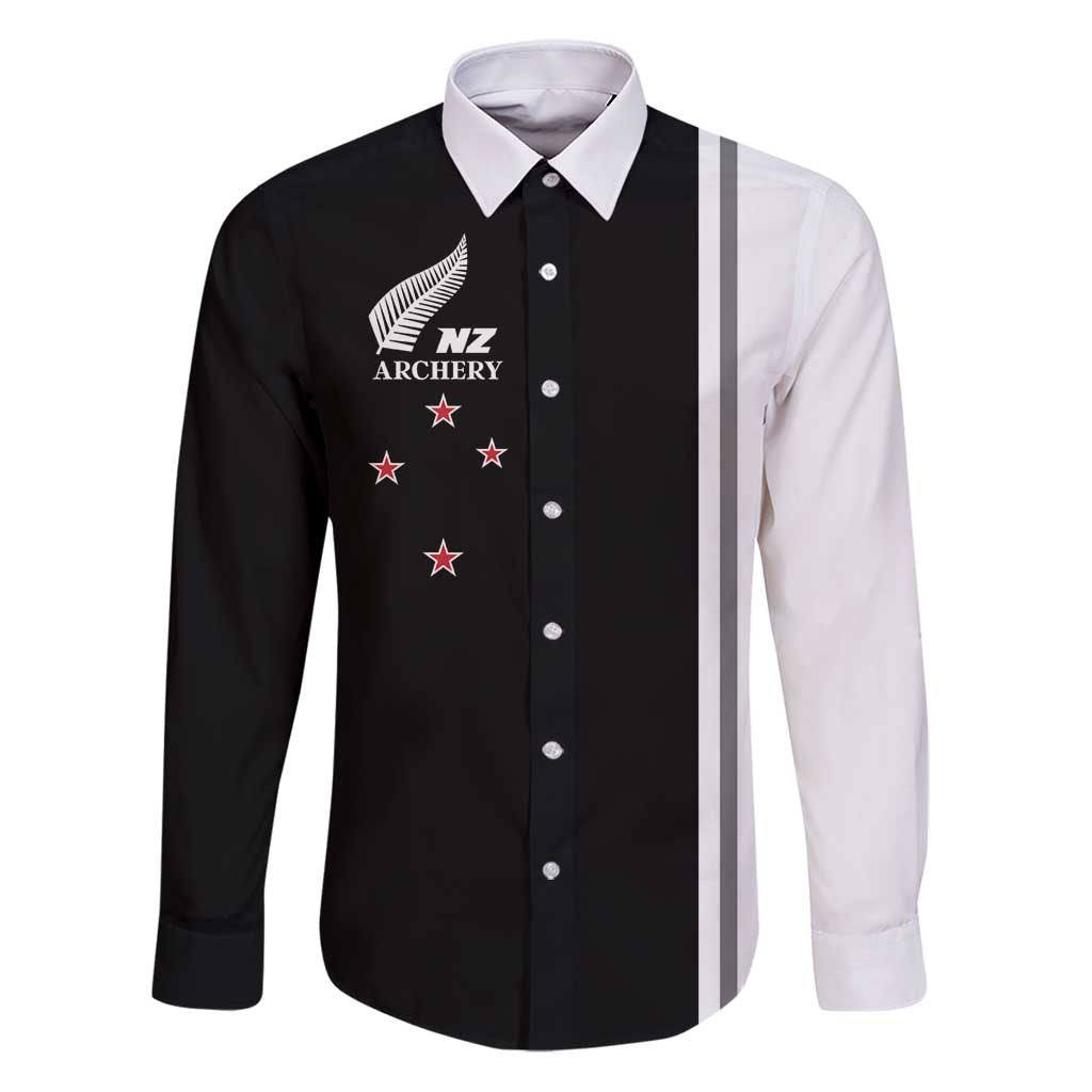 Personalised New Zealand 2025 Archery Basic Family Matching Puletasi and Hawaiian Shirt Archery NZ LT01 Dad's Shirt - Long Sleeve Black - Polynesian Pride
