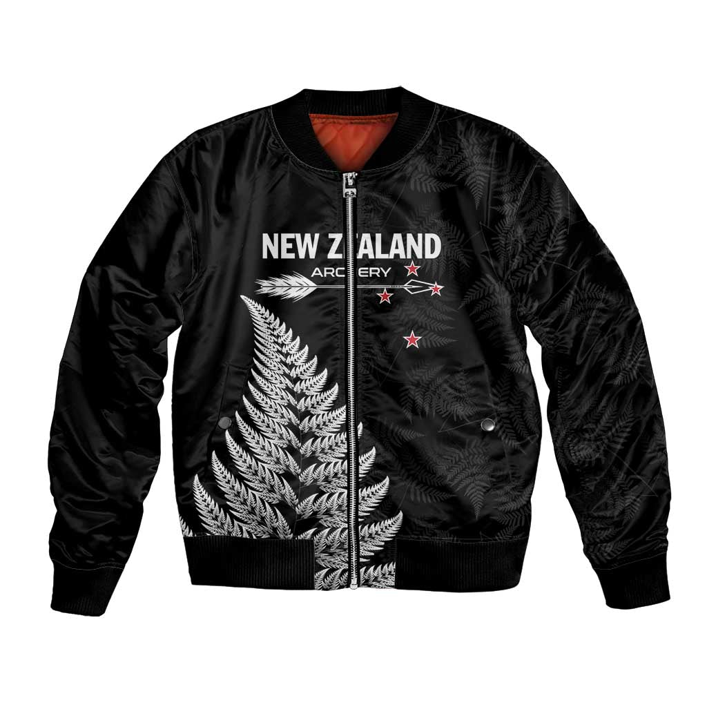 Personalised New Zealand 2025 Archery Bomber Jacket Aotearoa Silver Arrows Black