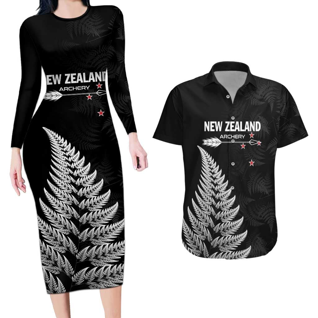 Personalised New Zealand 2025 Archery Couples Matching Long Sleeve Bodycon Dress and Hawaiian Shirt Aotearoa Silver Arrows Black