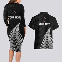 Personalised New Zealand 2025 Archery Couples Matching Long Sleeve Bodycon Dress and Hawaiian Shirt Aotearoa Silver Arrows Black