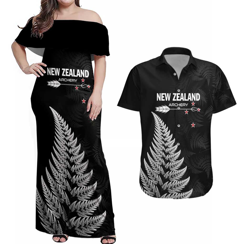 Personalised New Zealand 2025 Archery Couples Matching Off Shoulder Maxi Dress and Hawaiian Shirt Aotearoa Silver Arrows Black